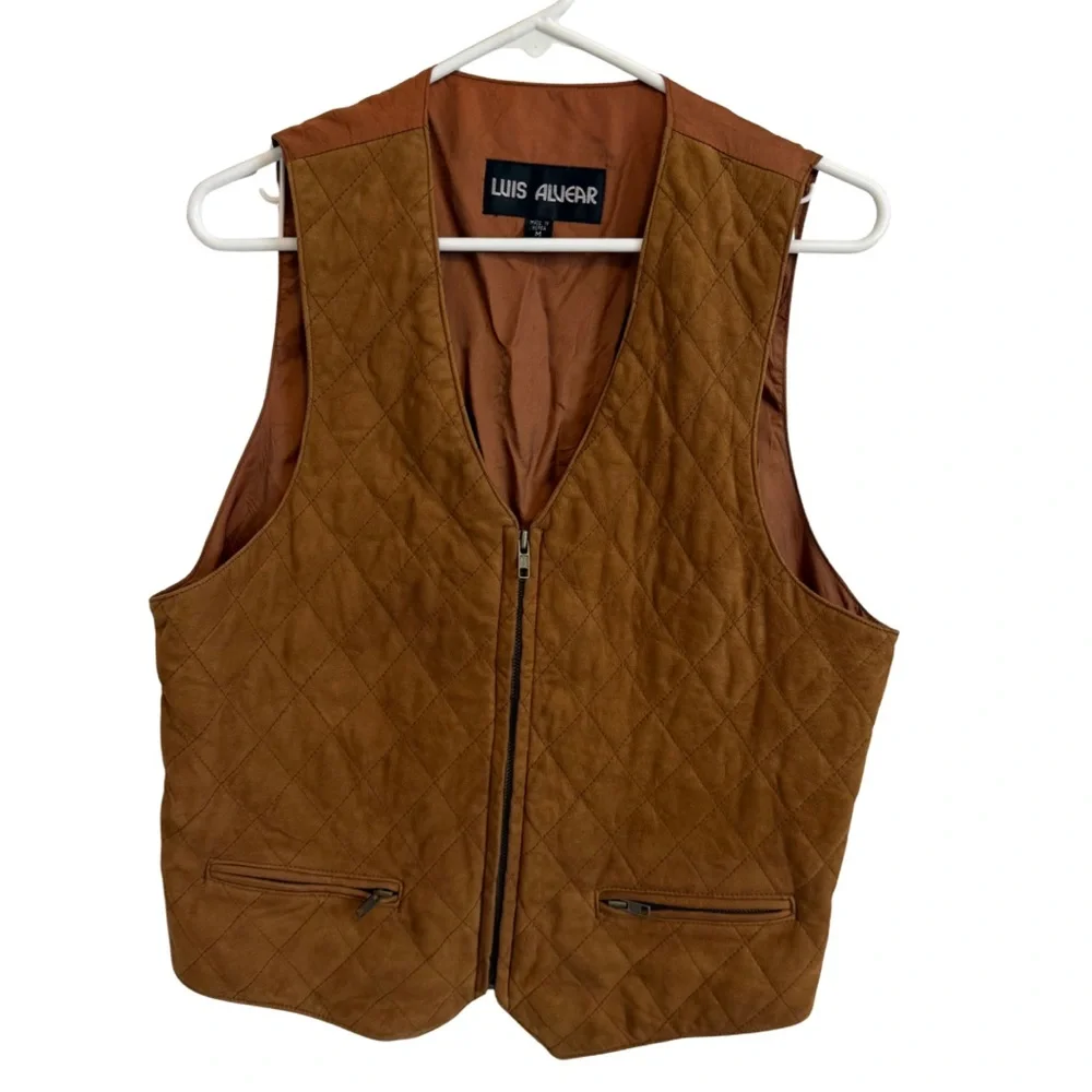 Vintage Luis Alvear Quilted Leather Brown Vest - Picture 1 of 4